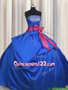 New Style Strapless Bowknot and Beaded Bust Blue Quinceanera Dress in Taffeta
