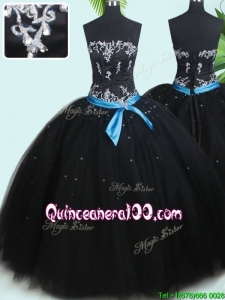 Pretty Puffy Skirt Strapless Beaded and Belted Tulle Quinceanera Dress in Black