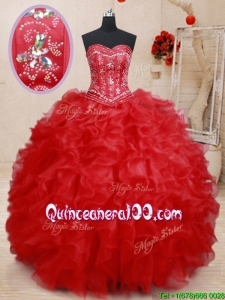 Unique Visible Boning Lace Up Red Sweet 15 Dress with Beading and Ruffles
