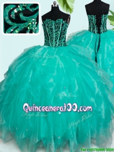 Unique Visible Boning Turquoise Organza Quinceanera Dress with Ruffles and Beading