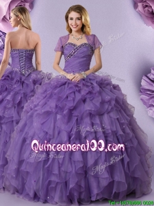 Beautiful Ruffled and Beaded Organza Quinceanera Dress in Purple