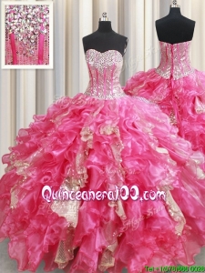 Best Selling Visible Boning Ruffled Hot Pink Quinceanera Dress in Organza and Sequins