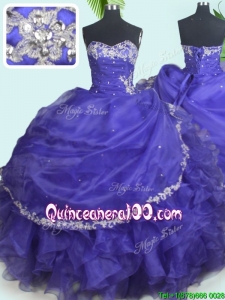 Cheap Beaded Ruffled Organza Blue Quinceanera Dress with Appliques and Bubbles