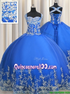 Classical Really Puffy Beaded and Applique Straps Quinceanera Dress in Blue