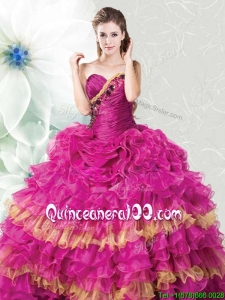 Discount Sweetheart Ruffled Layers Quinceanera Dress in Fuchsia and Gold