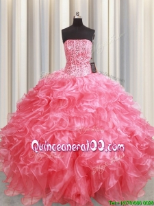 Discount Visible Boning Strapless Beaded Bodice Ruffled Coral Red Quinceanera Dress