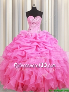Elegant Beaded Bubble and Ruffled Rose Pink Quinceanera Dress in Organza