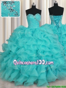 Elegant Beaded and Ruffled Sweetheart Organza Quinceanera Dress in Aqua Blue