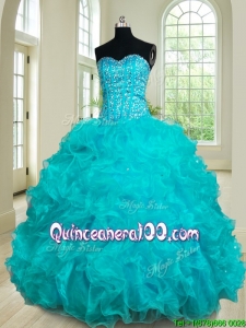 Fashionable Ruffled and Beaded Bodice Teal Quinceanera Dress in Organza