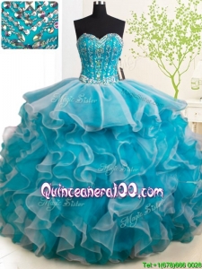 Hot Sale Visible Boning Brush Train Quinceanera Dress in Teal and White
