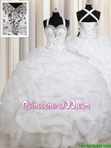 Lovely Puffy Skirt Straps Organza White Quinceanera Dress with Beading and Pick Ups