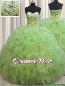 Lovely Ruffled and Beaded Bodice Organza Quinceanera Dress in Yellow Green