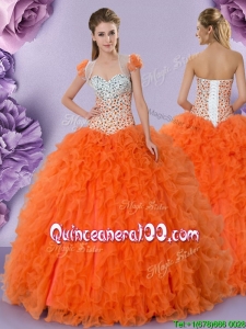 Luxurious Ruffled and Beaded Bodice Tulle Quinceanera Dress in Orange Red