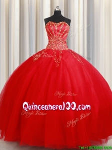 Most Popular Big Puffy Beaded Sweetheart Red Quinceanera Dress in Tulle
