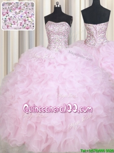 Most Popular Puffy Skirt Beaded Bodice and Ruffled Baby Pink Quinceanera Dress