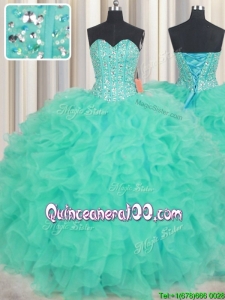 New Style Visible Boning Ruffled and Beaded Bodice Quinceanera Dress in Turquoise