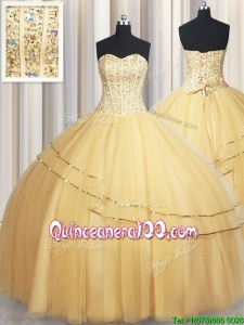 New Style Visible Boning Sequined and Beaded Bodice Tulle Quinceanera Dress in Gold