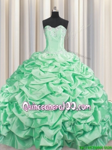 Popular Beaded and Bubble Taffeta Apple Green Quinceanera Dress with Brush Train