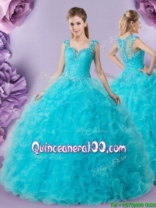 Romantic See Through Back Applique Decorated Straps Sweet 16 Dress in Baby Blue