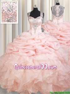 Romantic Straps See Through Back Brush Train Zipper Up Quinceanera Dress in Baby Pink