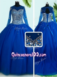 Simple See Through Scoop Brush Train Royal Blue Quinceanera Dress with Long Sleeves