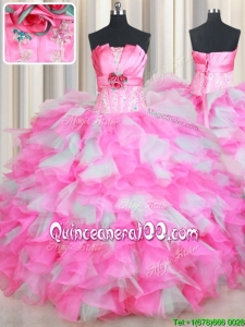 Strapless Handcrafted Flower Rose Pink and White Quinceanera Dress in Organza and Tulle