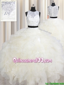 Two Piece See Through Scoop Champagne Quinceanera Dress with Beading and Ruffles