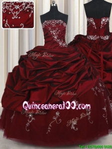 Affordable Strapless Taffeta and Tulle Wine Red Quinceanera Dress with Beading and Bubbles