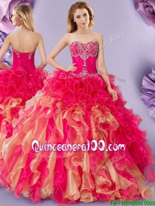 Beautiful Ruffled and Beaded Quinceanera Dress in Hot Pink and Gold