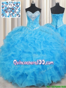 Beautiful Visible Boning Organza Ruffled and Beaded Bust Quinceanera Dress in Baby Blue