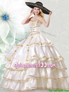 Beautiful White Taffeta Quinceanera Dress with Embroidery and Ruffled Layers