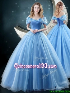 Cheap Off the Shoulder Brush Train Quinceanera Dress with Butterfly Appliques
