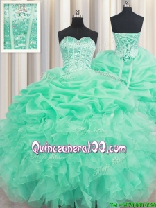 Cheap Visible Boning Sweetheart Ruffled and Beaded Quinceanera Dress in Apple Green