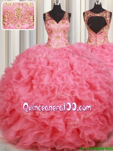 Cheap Watermelon Red Open Back V Neck Quinceanera Dress with Beading and Ruffles