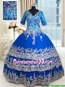 Discount V Neck Half Sleeves Zipper Up Quinceanera Dress with Ruffled Layers