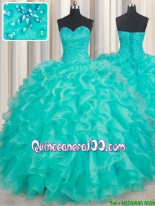 Elegant Organza Sweetheart Turquoise Quinceanera Dress with Ruffles and Beading