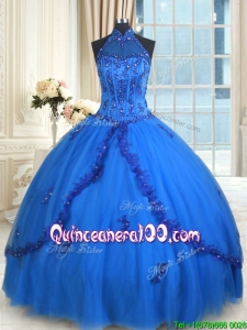 Elegant Visible Boning Halter Top Sweet 16 Dress with Appliques and Beading