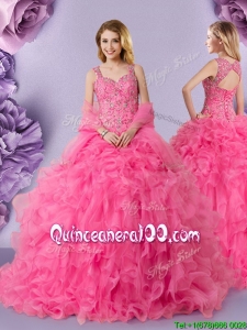 Exquisite Ruffled and Beaded Rose Pink Quinceanera Dress in Organza