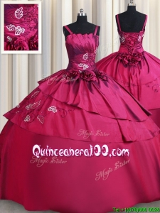 Exquisite Straps Burgundy Quinceanera Dress with Embroidery and Handcrafted Flowers