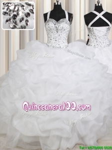 Gorgeous Really Puffy Straps Beaded and Bubble Organza Quinceanera Dress in White