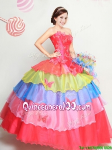Latest Strapless Rainbow Quinceanera Dress with Butterfly Appliques and Ruffled Layers