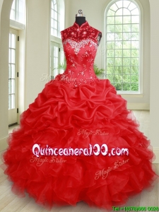 Lovely See Through High Neck Beaded Quinceanera Dress with Ruffles and Bubbles