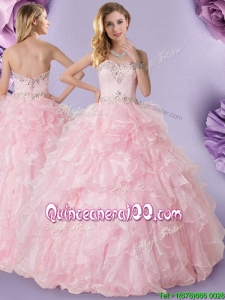 Lovely Zipper Up Ruffled and Beaded Top Quinceanera Dress in Baby Pink
