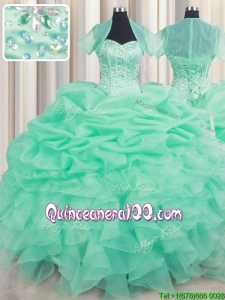 Luxurious Visible Boning Beaded Bodice Apple Green Quinceanera Dress with Ruffles and Bubbles