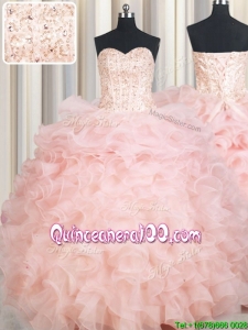 Modern Visible Boning Beaded Bodice Organza Baby Pink Quinceanera Dress with Ruffles