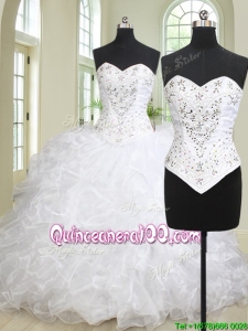 Modest Ruffled and Beaded White Removable Quinceanera Dress with Brush Train