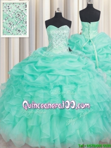 Modest Sweetheart Organza Apple Green Quinceanera Dress with Beading and Pick Ups
