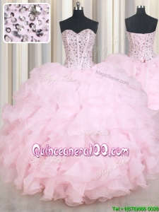 Modest Visible Boning Beaded Bodice Baby Pink Quinceanera Dress in Organza