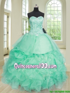 Modest Visible Boning Turquoise Quinceanera Dress with Ruffles and Beading