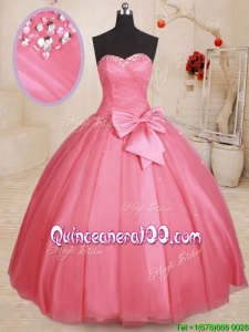Most Popular Sweetheart Bowknot and Beaded Top Watermelon Quinceanera Gown in Tulle